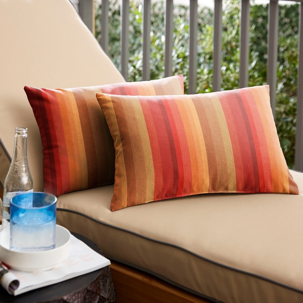 Mozaic Company AMPS113776 Indoor Outdoor Sunbrella Lumbar Pillows Red/Brown Stripes & Crimson Red Set of 2 12 x 18 